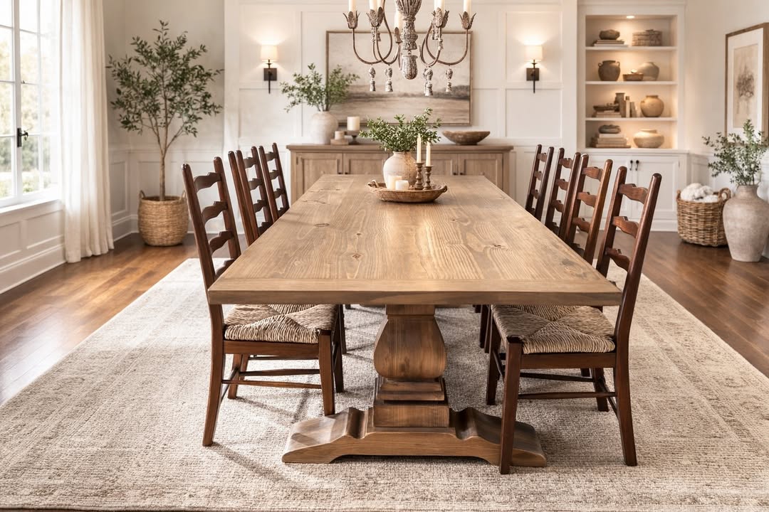 Handcrafted modern pedestal dining table in solid wood. Timeless farmhouse style with customizable sizes and finishes for any home.