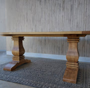 Handcrafted modern pedestal dining table in solid wood. Timeless farmhouse style with customizable sizes and finishes for any home.